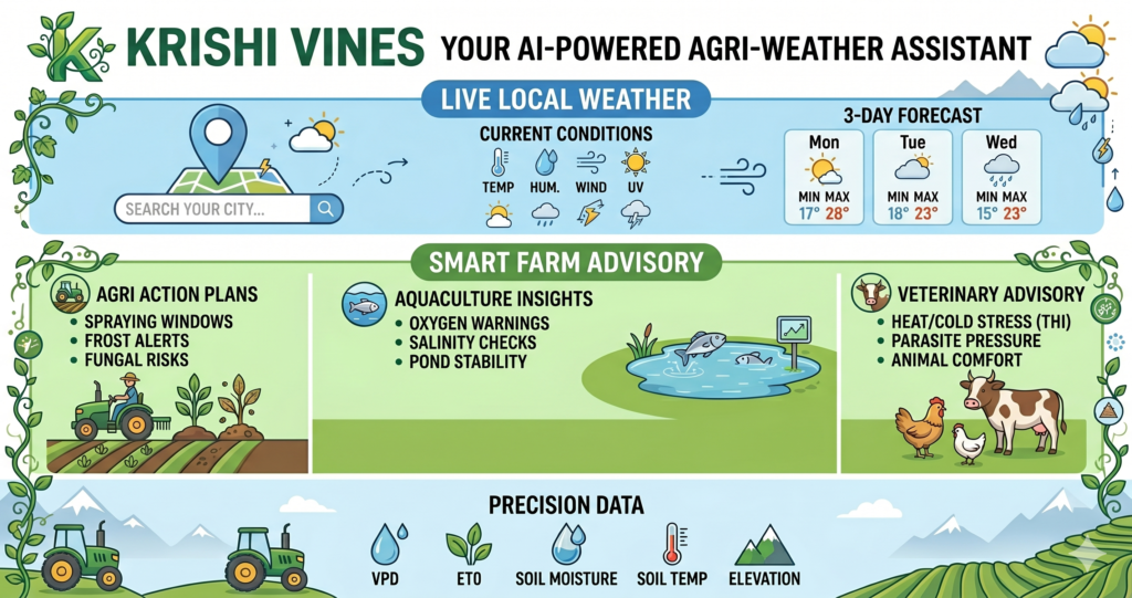 Krishi Vines AI-Powered Agri-Weather Assistant infographic poster showing live local weather, smart farm advisories for crops, aquaculture, and livestock, powered by Google AI.
